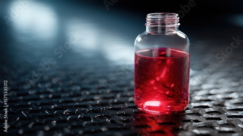 Red Liquid in a Clear Glass Bottle on Dark Metal Surface