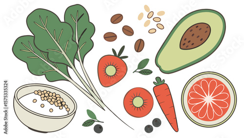 Healthy food illustration: avocado, spinach, strawberry, carrot and grapefruit for diet plan ideas