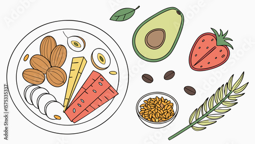 Healthy food bowl illustration with avocado, strawberry, nuts and seeds for diet plan concept
