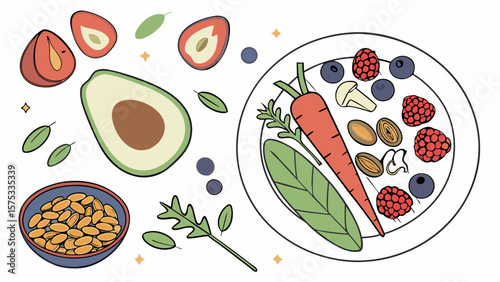 Healthy food plate with fruits vegetables nuts and seeds balanced diet nutrition vegan food illustration