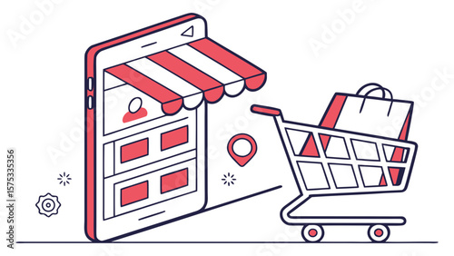 Online shopping store on mobile phone with shopping cart and location pin for e commerce business design