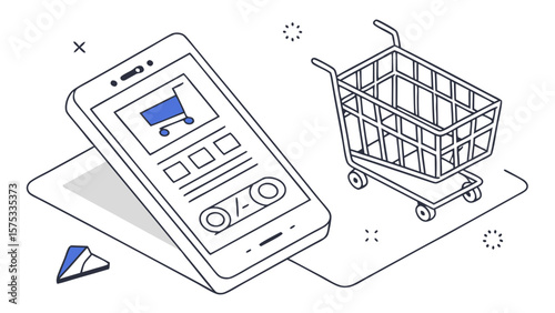Online shopping mobile app with cart for ecommerce retail business digital marketing promotion illustration