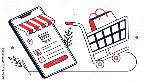 Online shopping mobile app with shopping cart and bag for e commerce and retail business concept design