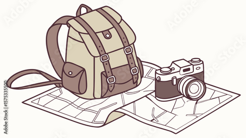 Backpack travel adventure gear and camera on map for vacation planning and travel photography concept