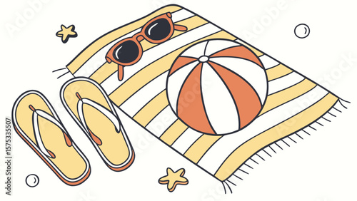 Summer beach vacation essentials illustration with towel sunglasses and beach ball for travel theme
