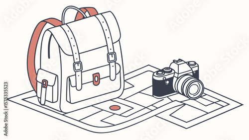 Travel adventure gear backpack camera and map for vacation planning and photography trip concept design