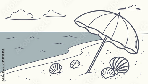 Beach umbrella scene with sea and summer sky