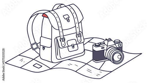 Adventure travel packing list with backpack camera and map for vacation planning and travel photography