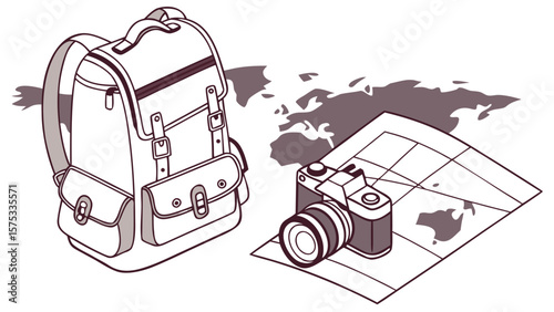 Travel essentials backpack camera map world adventure tourism photography vacation trip planning journey gear