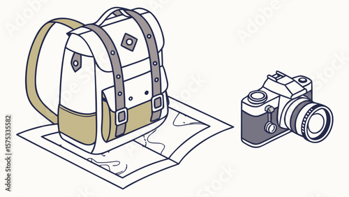 Adventure travel gear backpack camera and map for hiking photography and exploration trip planning guide