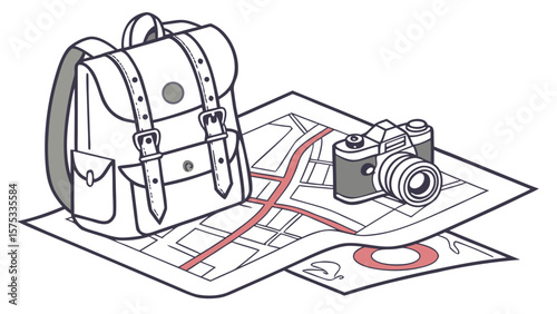 Adventure travel planning with backpack camera and map for vacation and holiday trip preparation one hundred