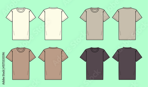 Unisex crew neck short sleeve t-shirt fashion flat sketch outline CAD mockup template. 