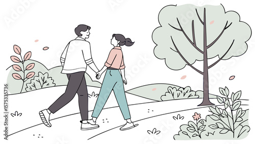 Couple walking in park vector illustration for outdoor activity and healthy lifestyle concept design asset
