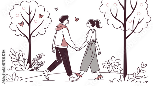 Couple walking in park holding hands vector illustration love romance relationship outdoors valentine's day art