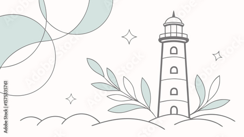Coastal lighthouse illustration with nautical theme and minimalist design for graphic projects and decor uses