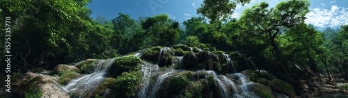 Panoramic 360 degrees hdr waterfall in lush green nature environment