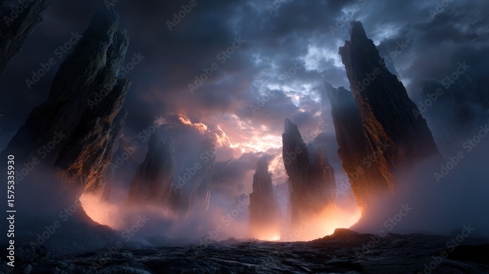 Fototapeta premium Dark Fantasy Landscape with Orange Sunset and Foggy Mountains