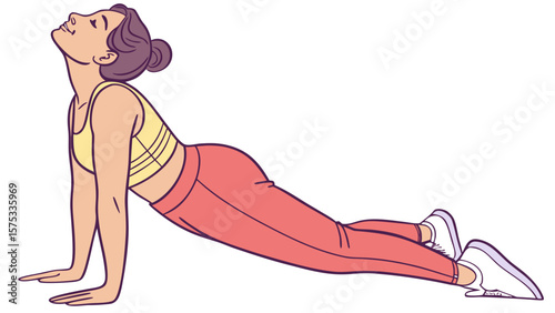 Woman doing yoga pose cobra stretch exercise for fitness wellness and healthy lifestyle illustration art
