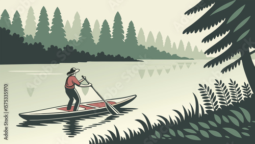 Kayaking adventure on river lake and mountain in cartoon vector style