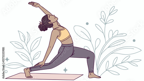 Woman practicing yoga in warrior pose for fitness and wellness with nature background vector illustration