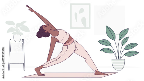 Woman doing yoga triangle pose at home for wellness and relaxation exercise routine stretching body workout