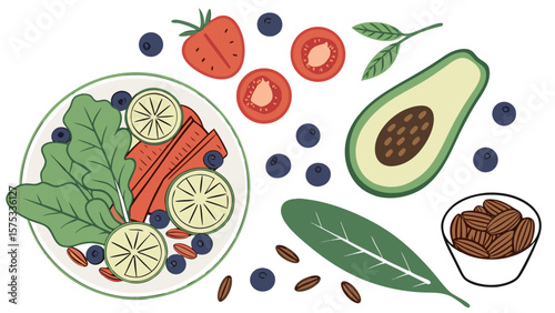 Healthy eating salad recipe with fresh avocado, strawberry, tomato, almonds and blueberries vector art