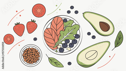 Healthy food illustration with salmon avocado berries and beans for diet and nutrition concept design