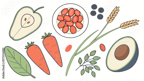 Healthy eating food illustration with fruits vegetables and grains for nutrition and wellness diet plan