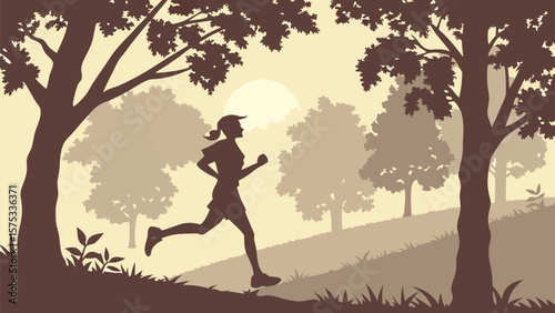 Silhouette of a woman running in the park under trees with a sunset sky in the background