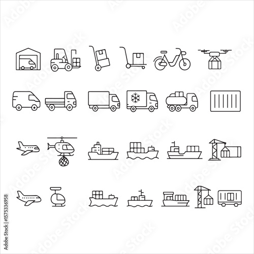 Commercial vehicles line icon set. Vector pictograms of container, pallet, forklift, plane, drone, helicopter, ship, train, cargo truck, warehouse, silhouette vector icons 