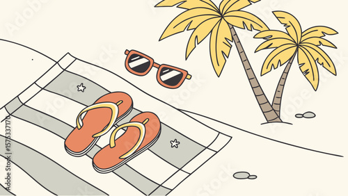 Beach vacation scene with palm trees sunglasses and flip flops summer holiday illustration vector art