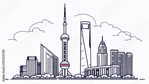 Shanghai skyline vector illustration oriental pearl tower jin mao tower and shanghai world financial center drawing