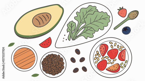 Healthy eating ingredients for salad recipe with avocado strawberry and seeds vector illustration