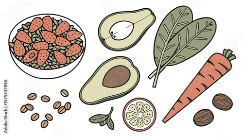 Healthy food illustration featuring avocado spinach carrot and salad for diet nutrition concept design