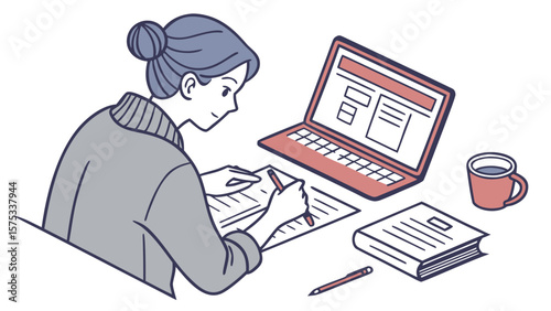Woman studying online with laptop and book at home for remote learning and education concept vector art