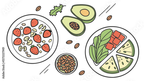 Healthy food illustration featuring avocado strawberry mushroom salad and almond bowl for diet plan 100char