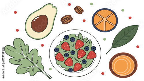 Healthy food salad recipe with avocado orange strawberry and blueberry for diet and nutrition plan