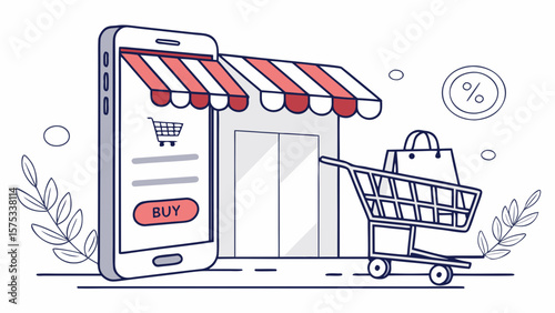 Online shopping store on mobile phone with shopping cart and buy button for e commerce marketing strategy