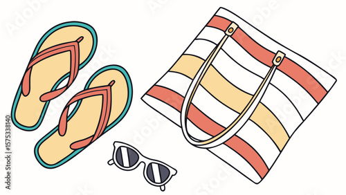 Beach essentials illustration featuring striped tote bag flip flops and sunglasses for summer vacation fun days