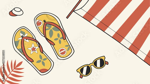 Beach summer vacation with sunglasses flip flops and umbrella vector design illustration for travel 100