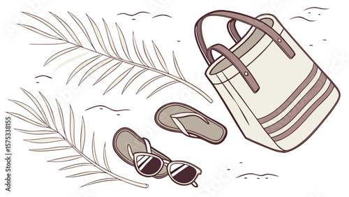 Beach vacation essentials: tote bag, sunglasses, flip flops and palm leaves for summer holiday fun times