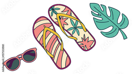 Summer beach vacation essentials flip flops sunglasses and tropical leaf vector illustration design art