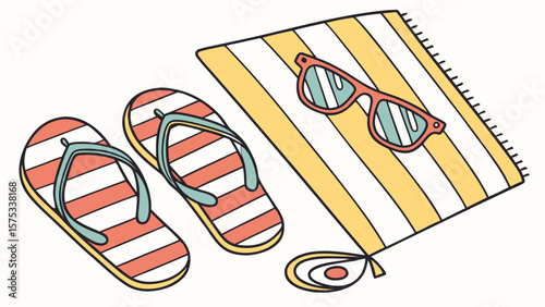 Beach essentials summer vacation accessories sunglasses flip flops and striped towel for holiday fun
