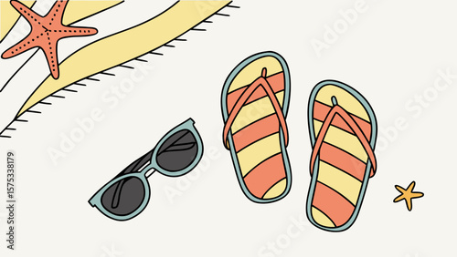Beach vacation summer essentials with sunglasses flip flops starfish and towel illustration design