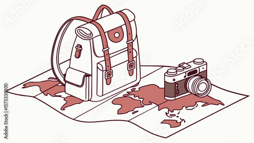 Travel essentials backpack camera and world map for adventure planning and vacation photography trip concept