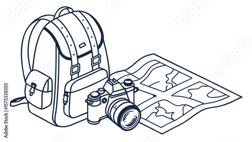 Backpack camera and map illustration for travel adventure and photography gear exploration concept art