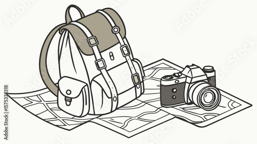 Travel backpack with camera and map adventure planning and exploration gear for outdoor journey prep one hundred