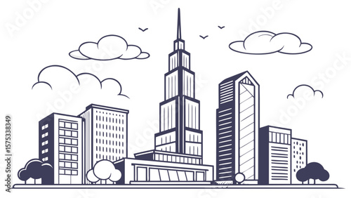 Cityscape skyline illustration vector art with buildings skyscrapers and clouds urban landscape design 100