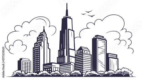 Cityscape skyline drawing of urban buildings and skyscrapers black and white vector illustration art