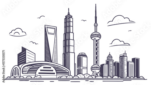 Shanghai china skyline illustration vector drawing cityscape oriental pearl tower jin mao tower world financial center